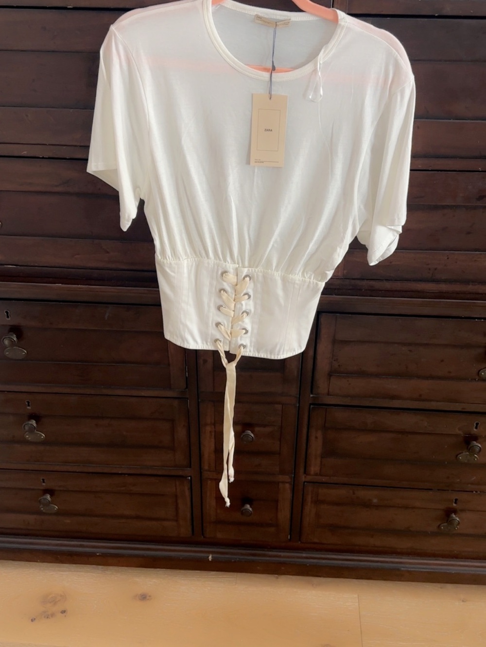 Zara Cream Lace-Up Waist Crop Tee